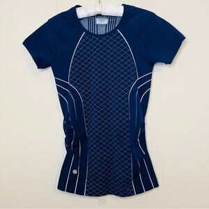 Athleta Finish Fast Line Blue Fitted T-Shirt Size Small Running Cycling Gorpcore